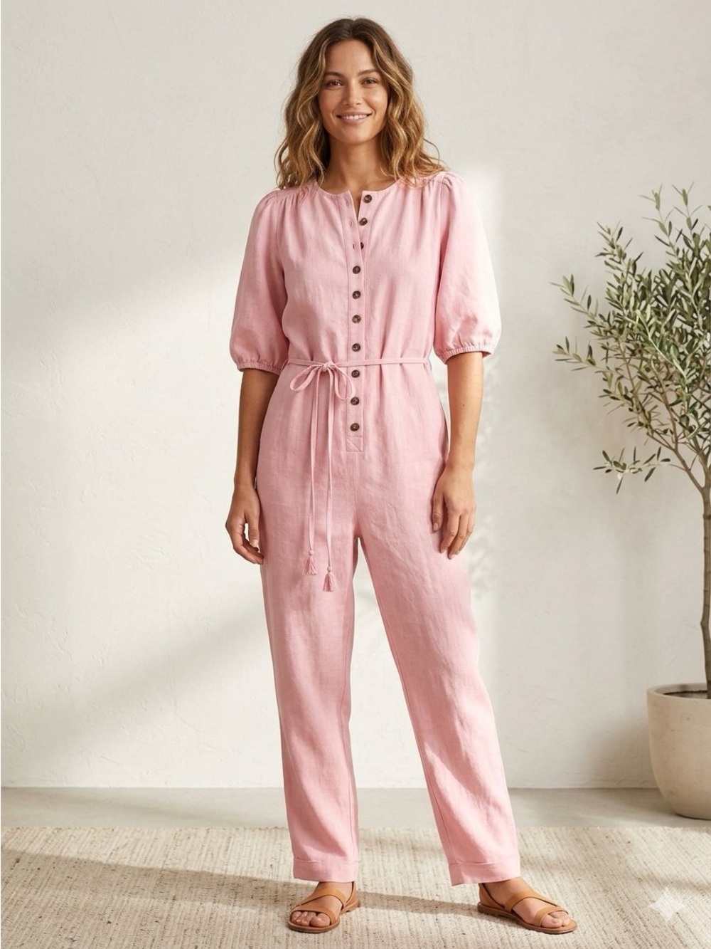 Madewell Linen-Blend Puff-Sleeve Tassel-Tie Jumpsuit size small NWOT